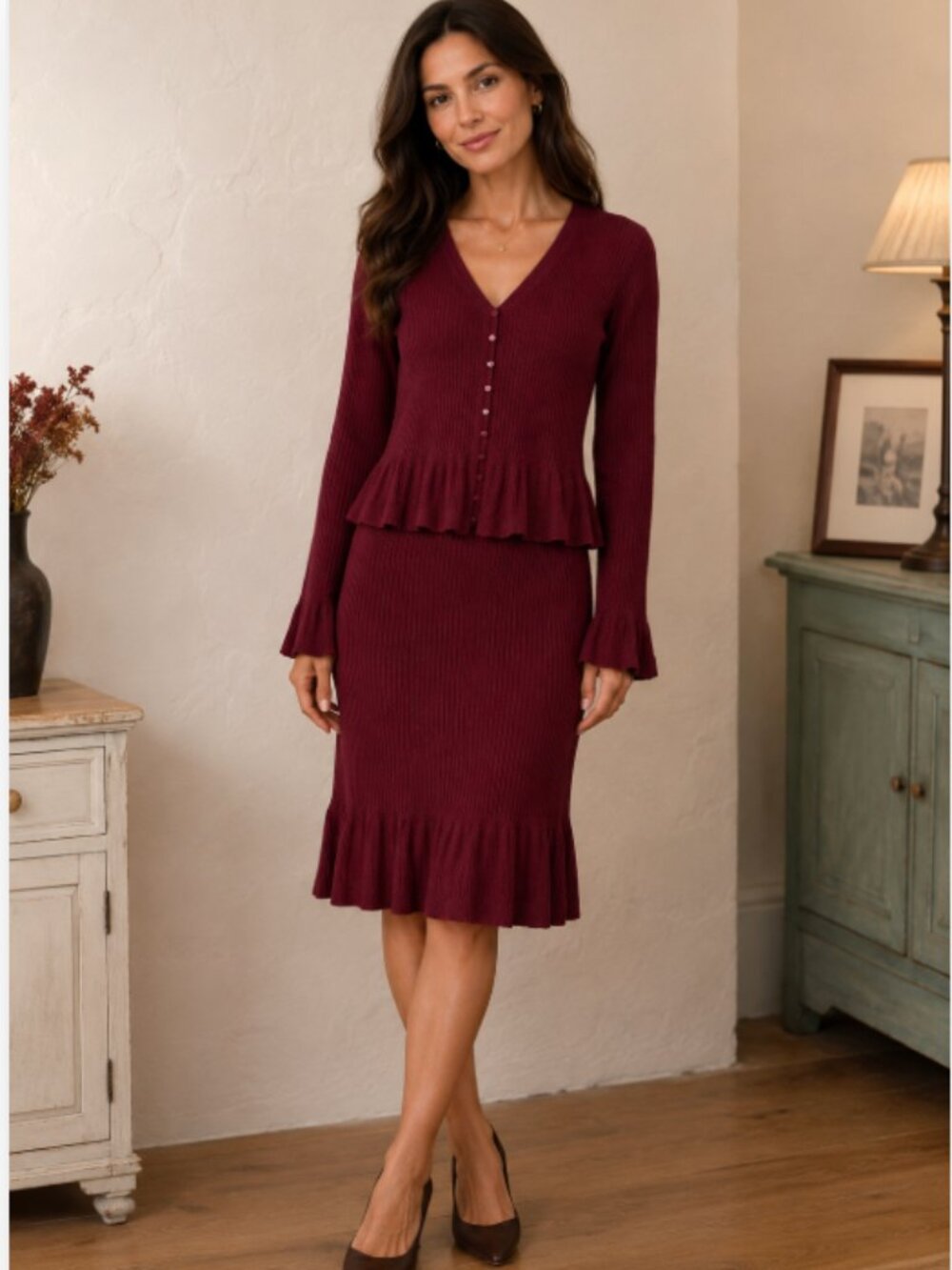 Moda International Ribbed Knit Wool Cardigan Sweater Matching Skirt Set Small